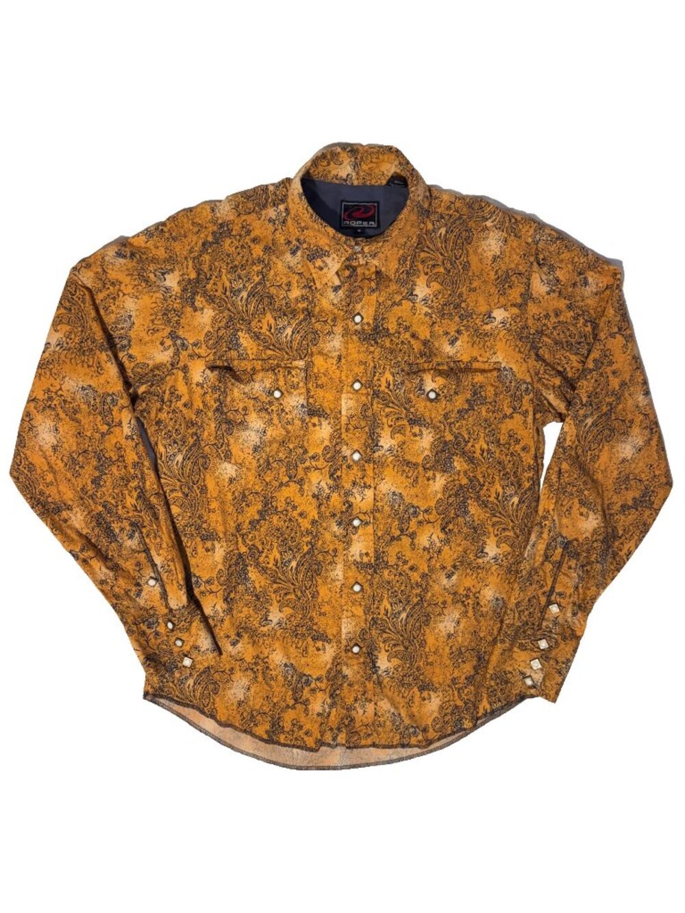 Roper Diamond Pearl Snap Paisley Western Rodeo Shirt - M Orange & Blue Cowboy
